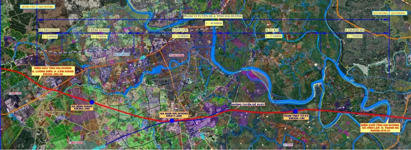 Bản đồ hướng tuyến Dự án đầu tư xây dựng tuyến đường sắt Lào Cai - Hà Nội - Hải Phòng qua địa phận tỉnh Hải Dương. (Nguồn: Báo Đầu tư)