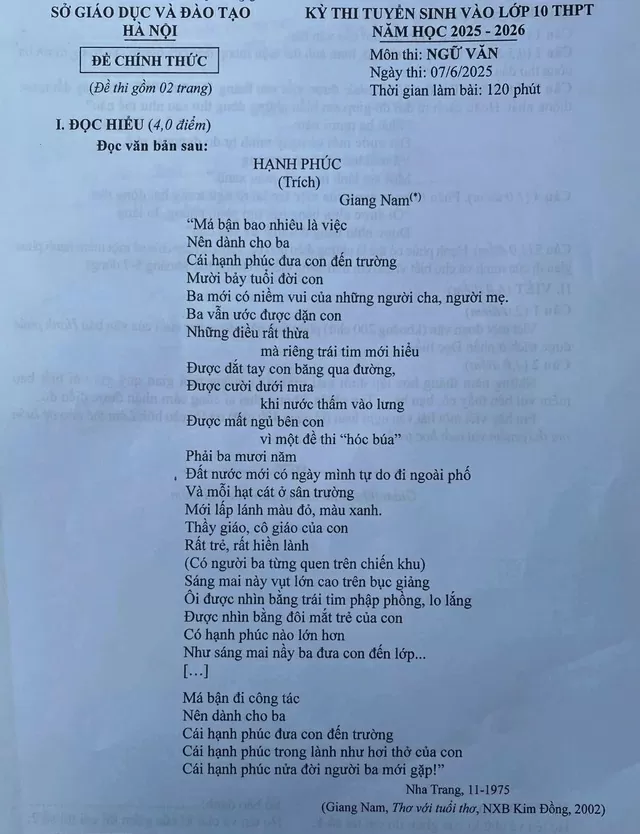Thi lớp 10 Hà Nội: Đề thi và đáp án gợi ý môn Ngữ văn năm 2025 Thi lớp 10 Hà Nội: Đề thi và đáp án gợi ý môn Ngữ văn năm 2025