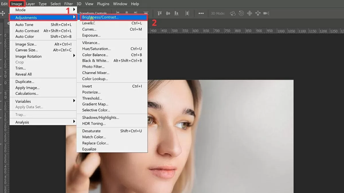Chọn Image > Adjustments > Brightness/Contrast. Chọn Image > Adjustments > Brightness/Contrast.