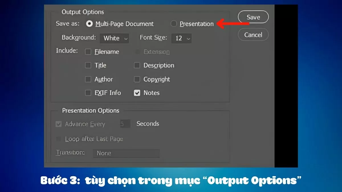 Tích chọn Presentation để xuất file dạng slideshow. Tích chọn Presentation để xuất file dạng slideshow.