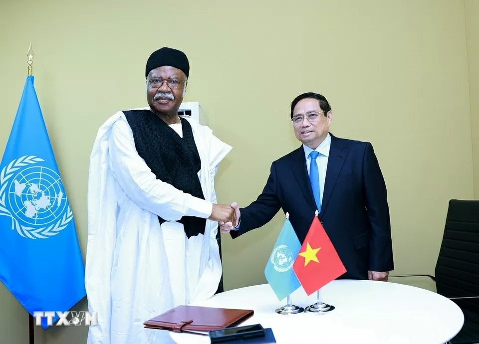 Thủ tướng Phạm Minh Chính gặp Chủ tịch Đại hội đồng Liên hợp quốc (Ảnh: Dương Giang) 