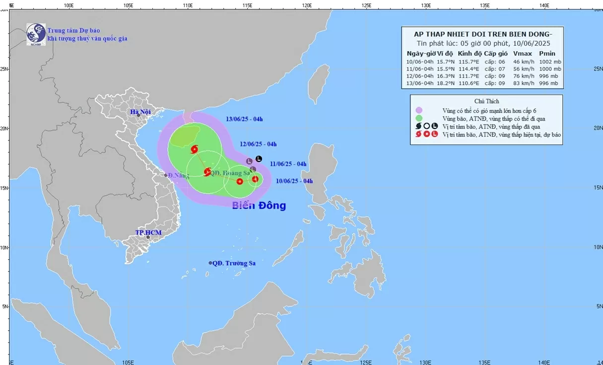 Dự báo diễn biến áp thấp nhiệt đới: Đến ngày 12/6, có thể mạnh thành bão, trên khu vực quần đảo Hoàng Sa
