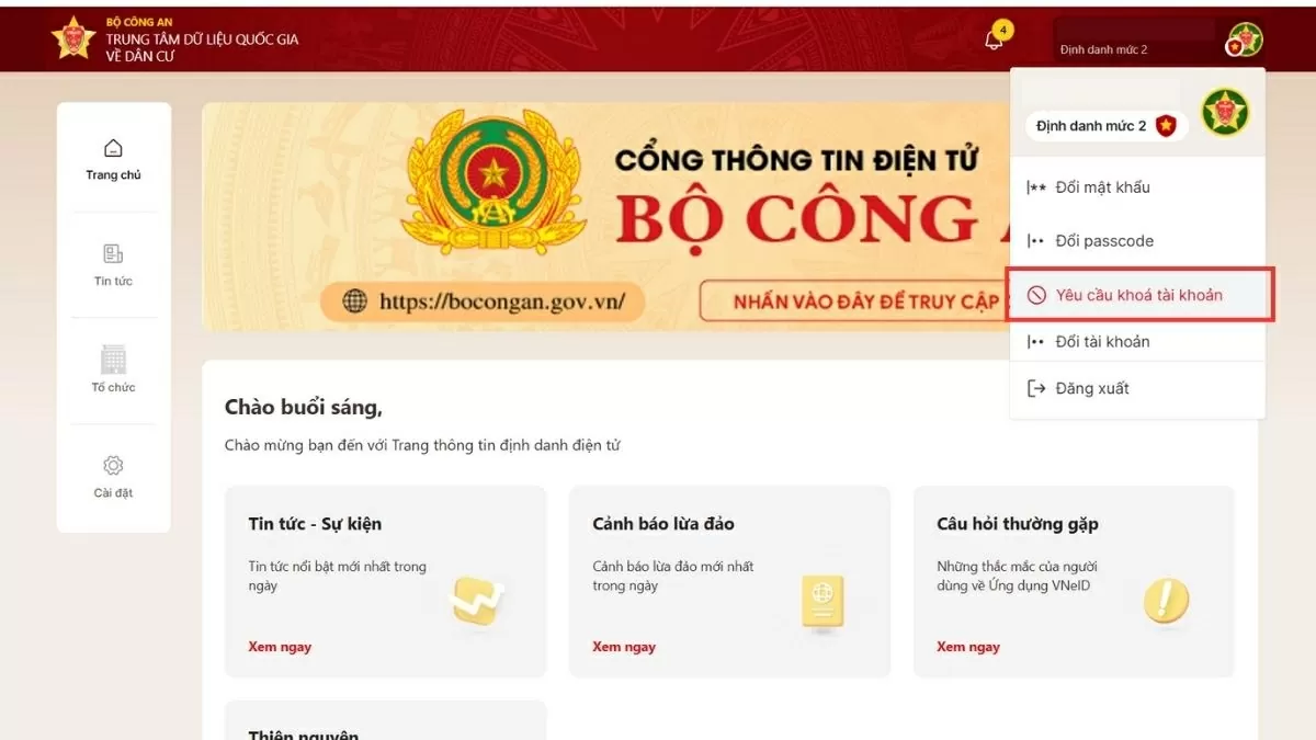 Chọn mục “Yêu cầu khóa tài khoản”. Chọn mục “Yêu cầu khóa tài khoản”.