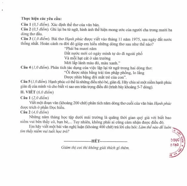 Đáp án chính thức môn Ngữ văn lớp 10 tại Hà Nội