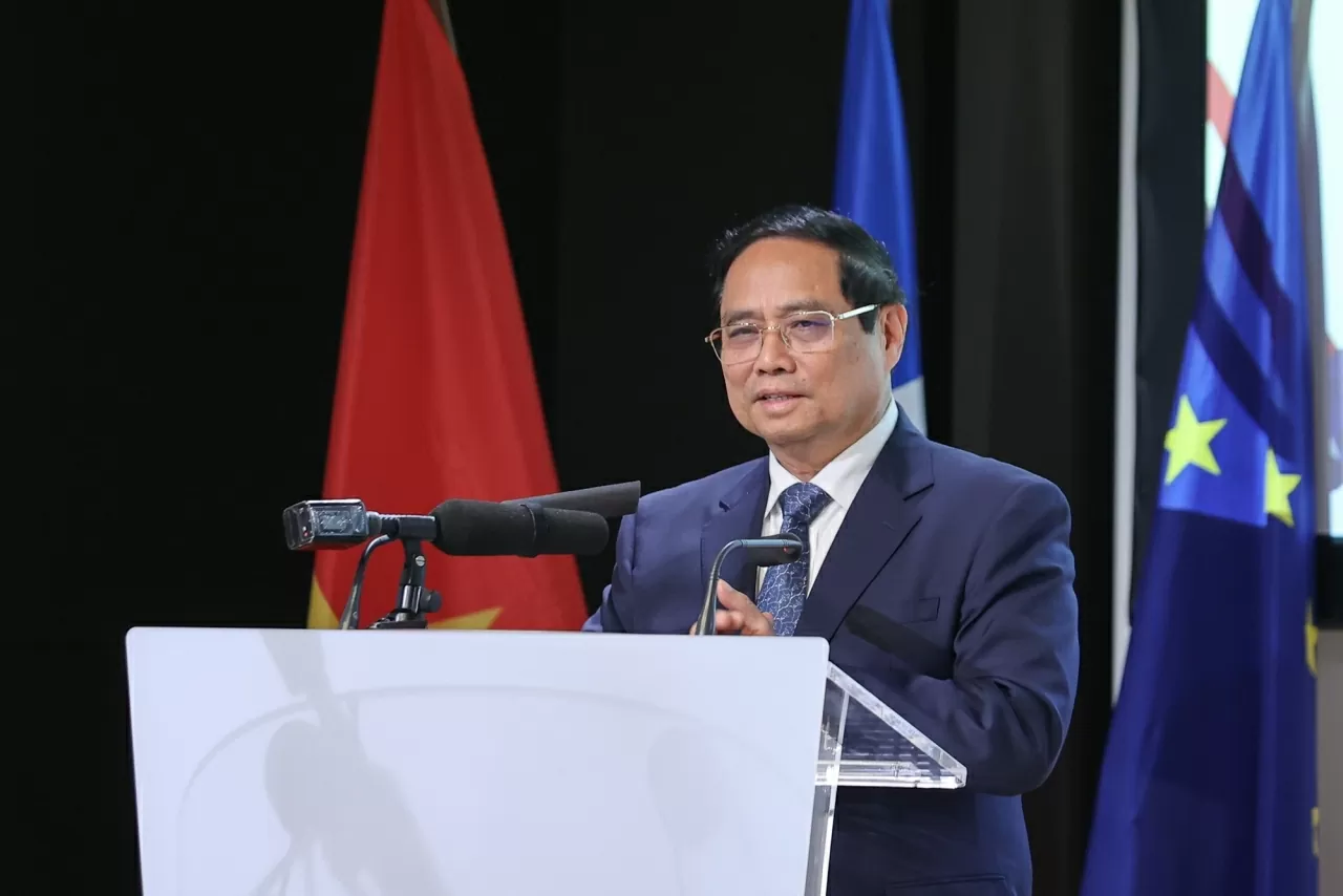 Thủ tướng Phạm Minh Chính phát biểu tại Diễn đàn Doanh nghiệp Việt Nam-Pháp - Ảnh: VGP/Nhật Bắc