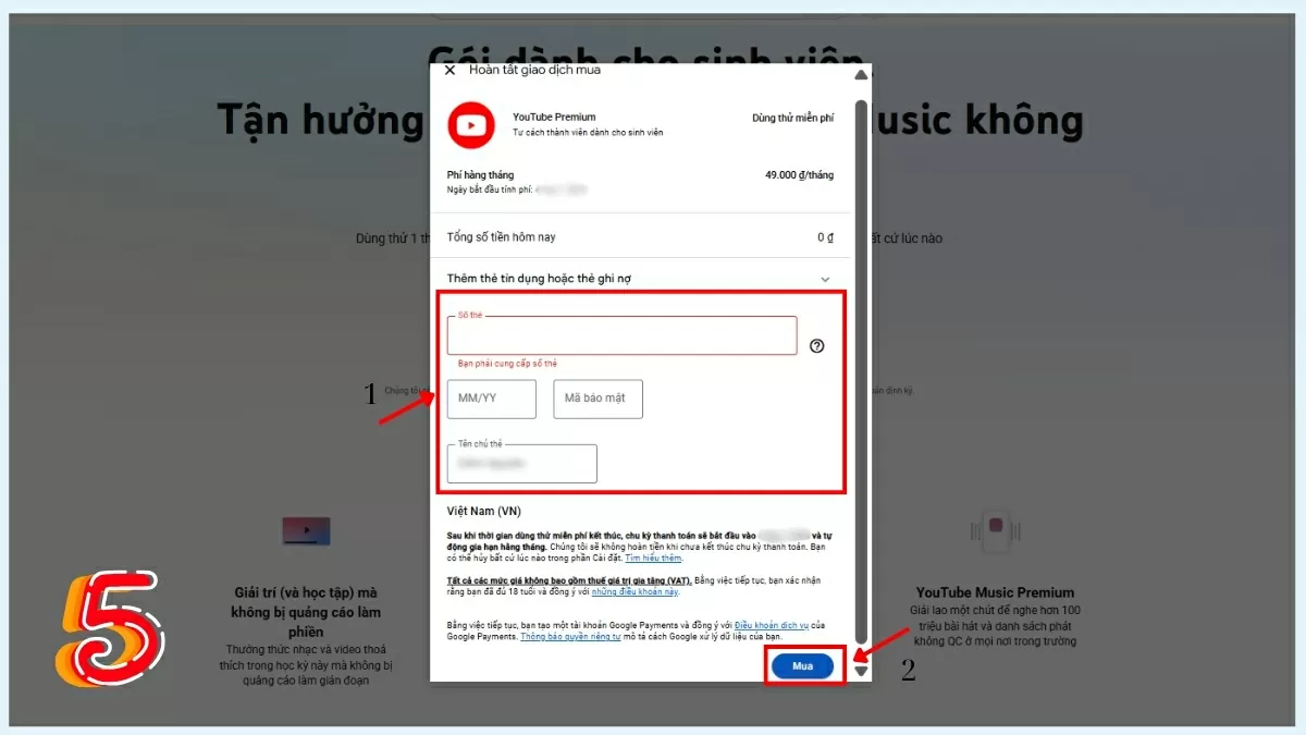 Chọn “Mua” để hoàn tất quá trình đăng ký.