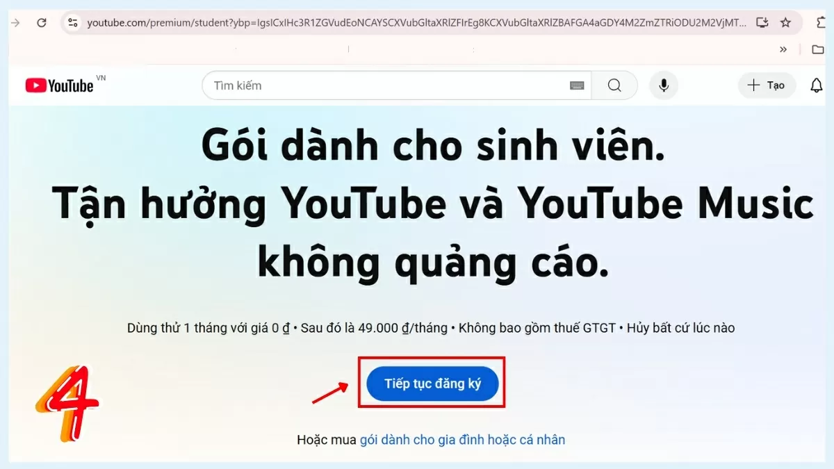 Nhấn “Tiếp tục đăng ký” để sang bước tiếp theo. Nhấn “Tiếp tục đăng ký” để sang bước tiếp theo.