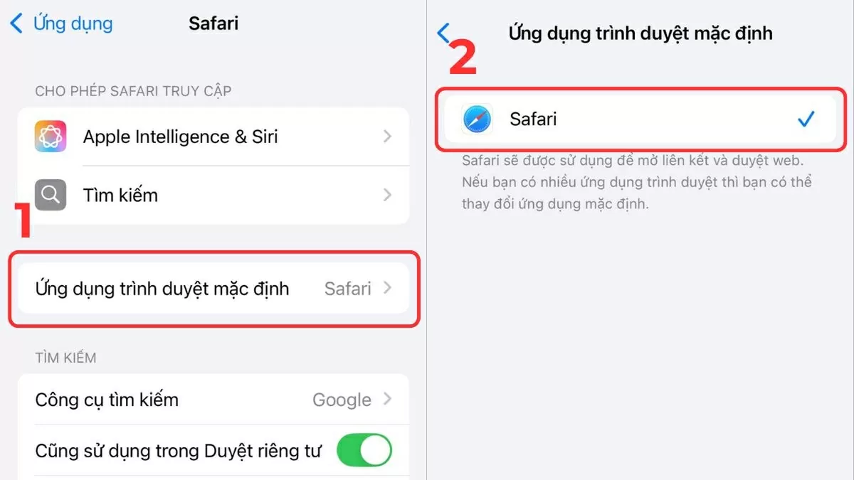 Chọn Safari từ danh sách để hoàn tất cài đặt. Chọn Safari từ danh sách để hoàn tất cài đặt.