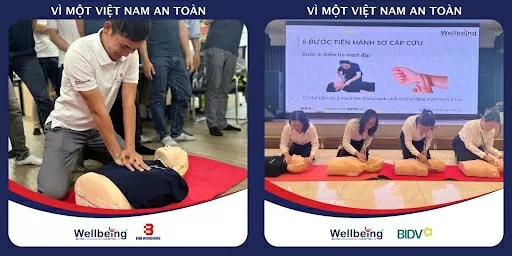 Học viên từ các tổ chức, doanh nghiệp thực hành sơ cấp cứu trong khóa tập huấn của Wellbeing (Nguồn: Facebook Wellbeing - Đào tạo sơ cấp cứu & AED)