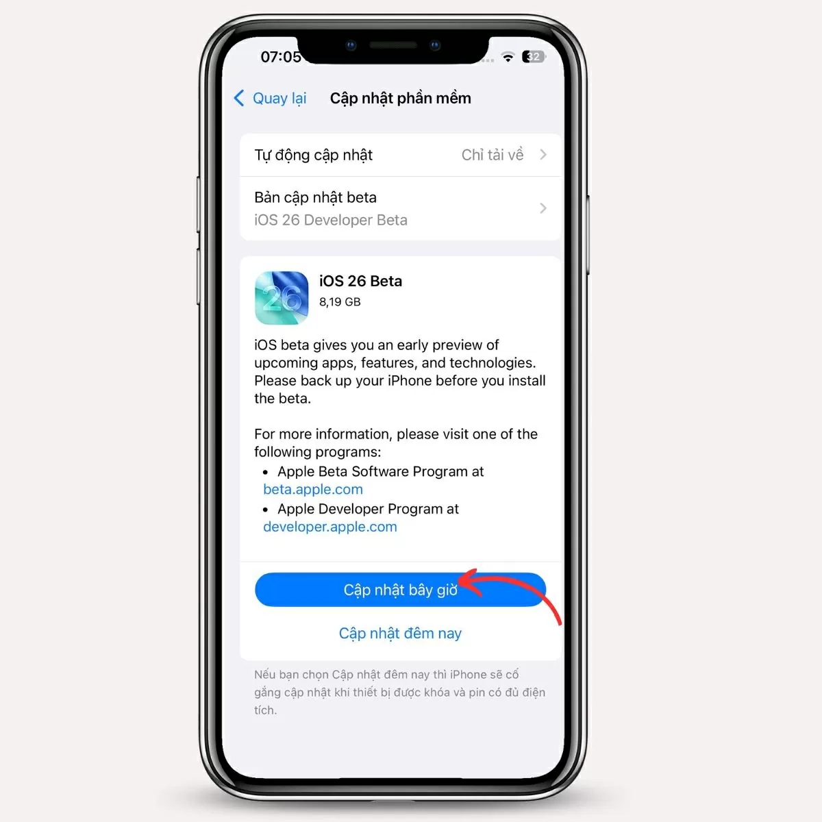Chọn Tải về và cài đặt bản iOS 26 Beta khi hiển thị.