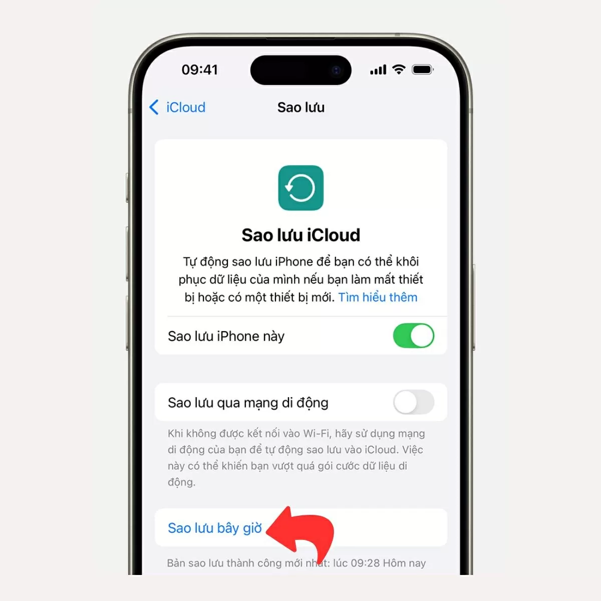 Bật công tắc Sao lưu iCloud nếu chưa kích hoạt. Bật công tắc Sao lưu iCloud nếu chưa kích hoạt.