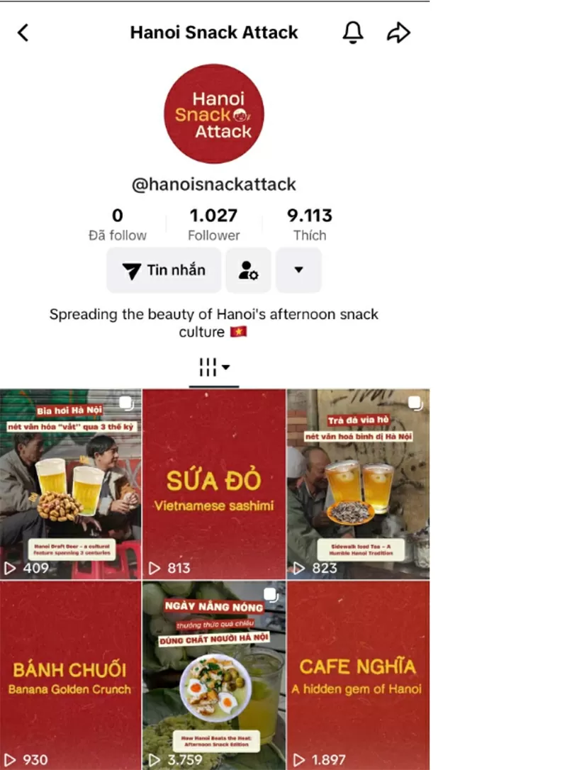 Kênh Tiktok của Hanoi Snack Attack cán mốc 1000 followers chỉ sau 1 tháng (Ảnh: Hanoi Snack Attack)
