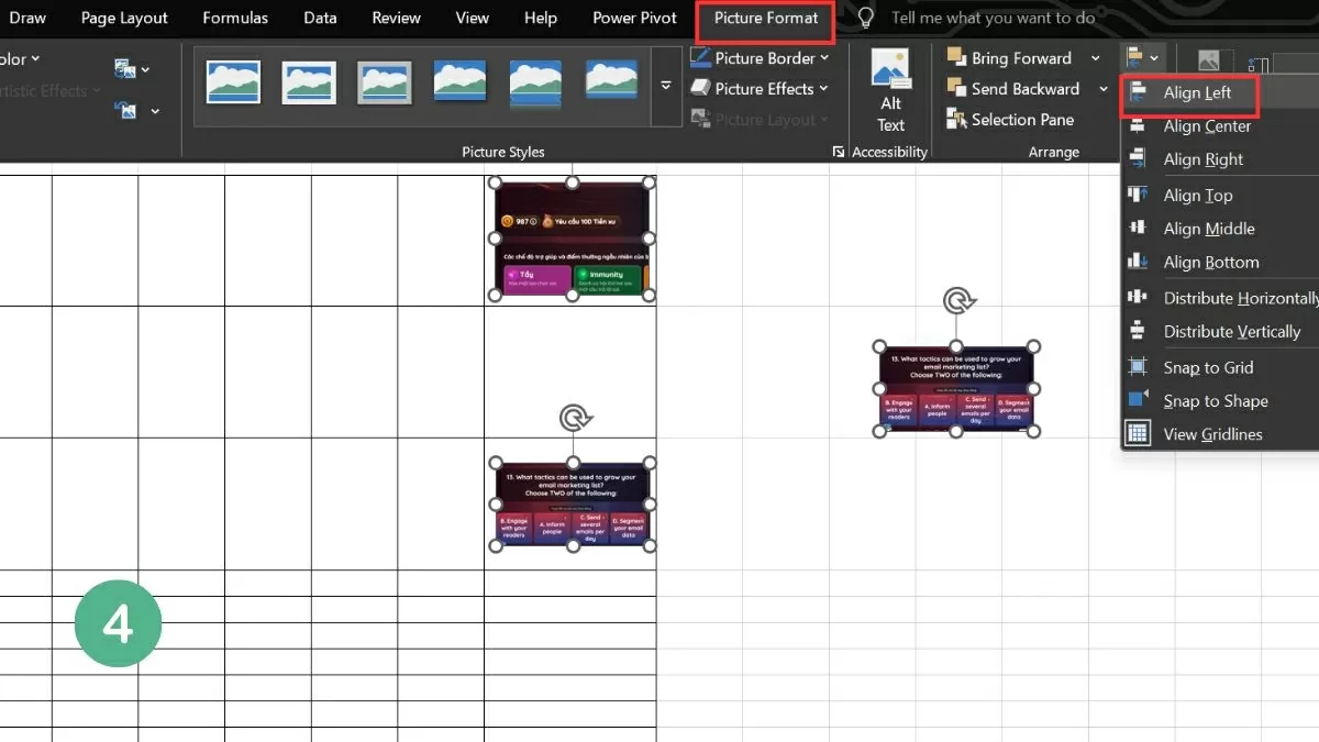 Sau đó vào Picture Format → Align Left. Sau đó vào Picture Format → Align Left.
