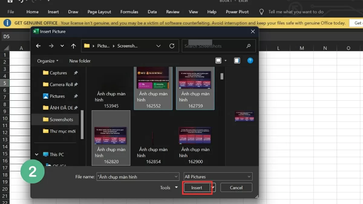 Nhấn Insert để thêm vào bảng tính.