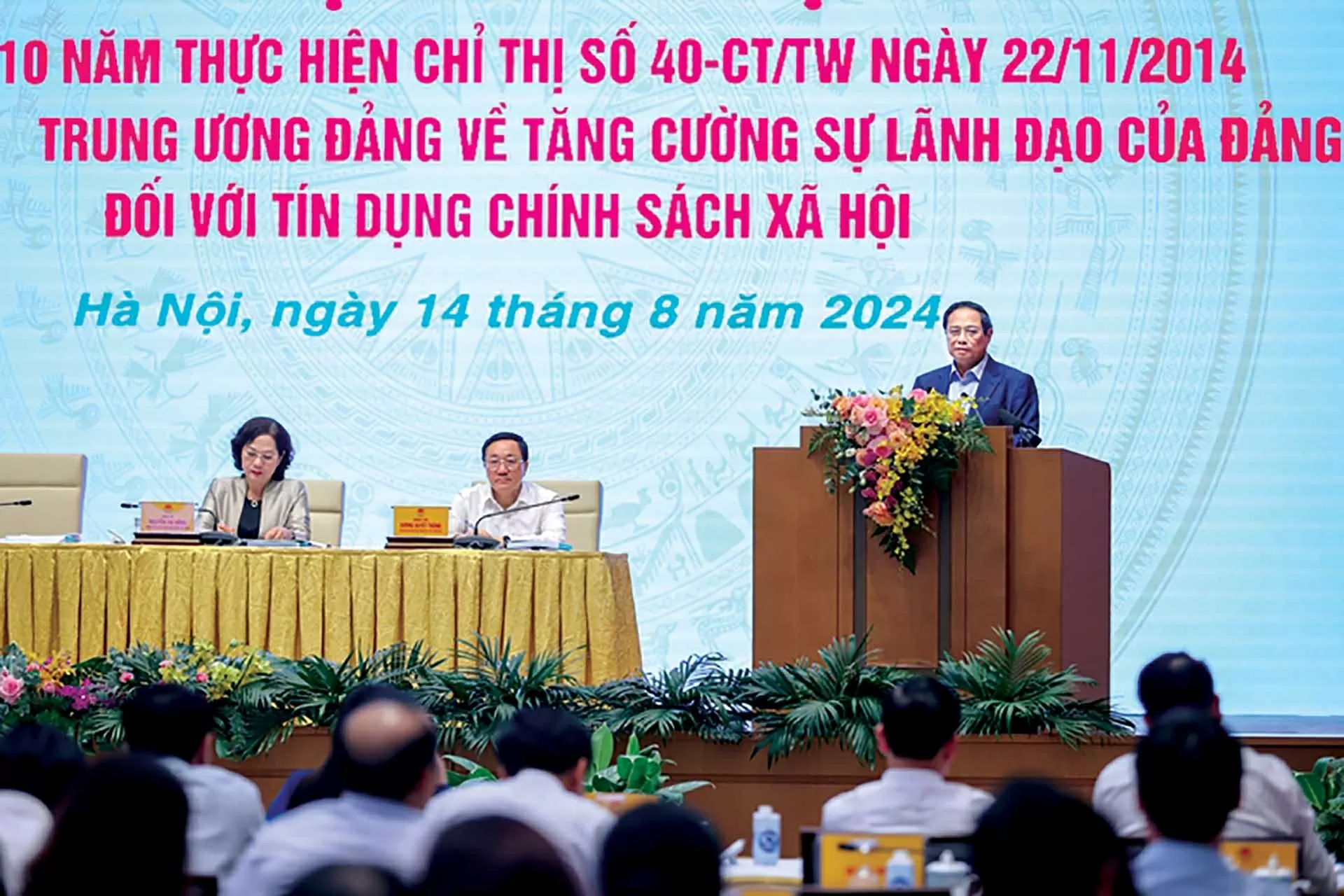Thủ tướng Chính phủ Phạm Minh Chính chủ trì Hội nghị tổng kết 10 năm thực hiện Chỉ thị số 40-CT/TW ngày 22/11/2014 của Ban Bí thư Trung ương Đảng khóa XI về tăng cường sự lãnh đạo của Đảng đối với tín dụng chính sách xã hội, tháng 8/2024. (Nguồn: VGP)