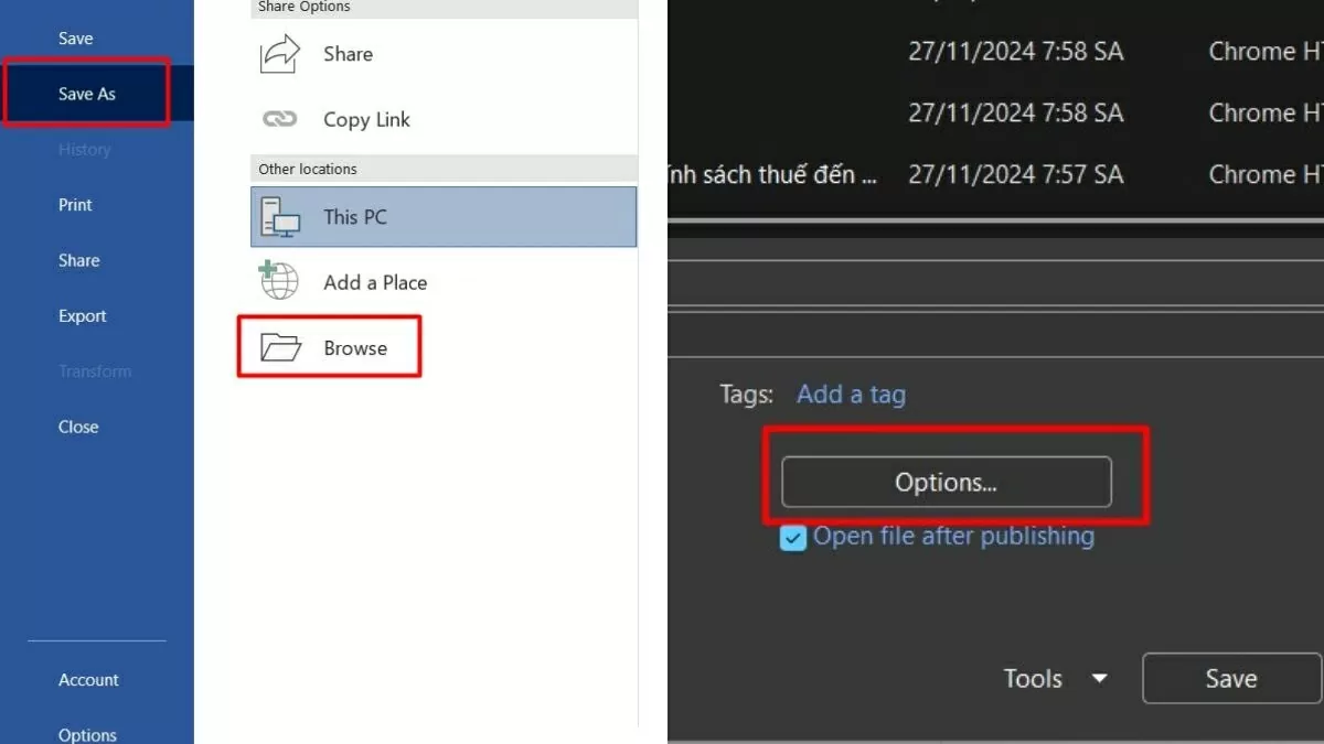Chọn định dạng là PDF, rồi bấm Options.