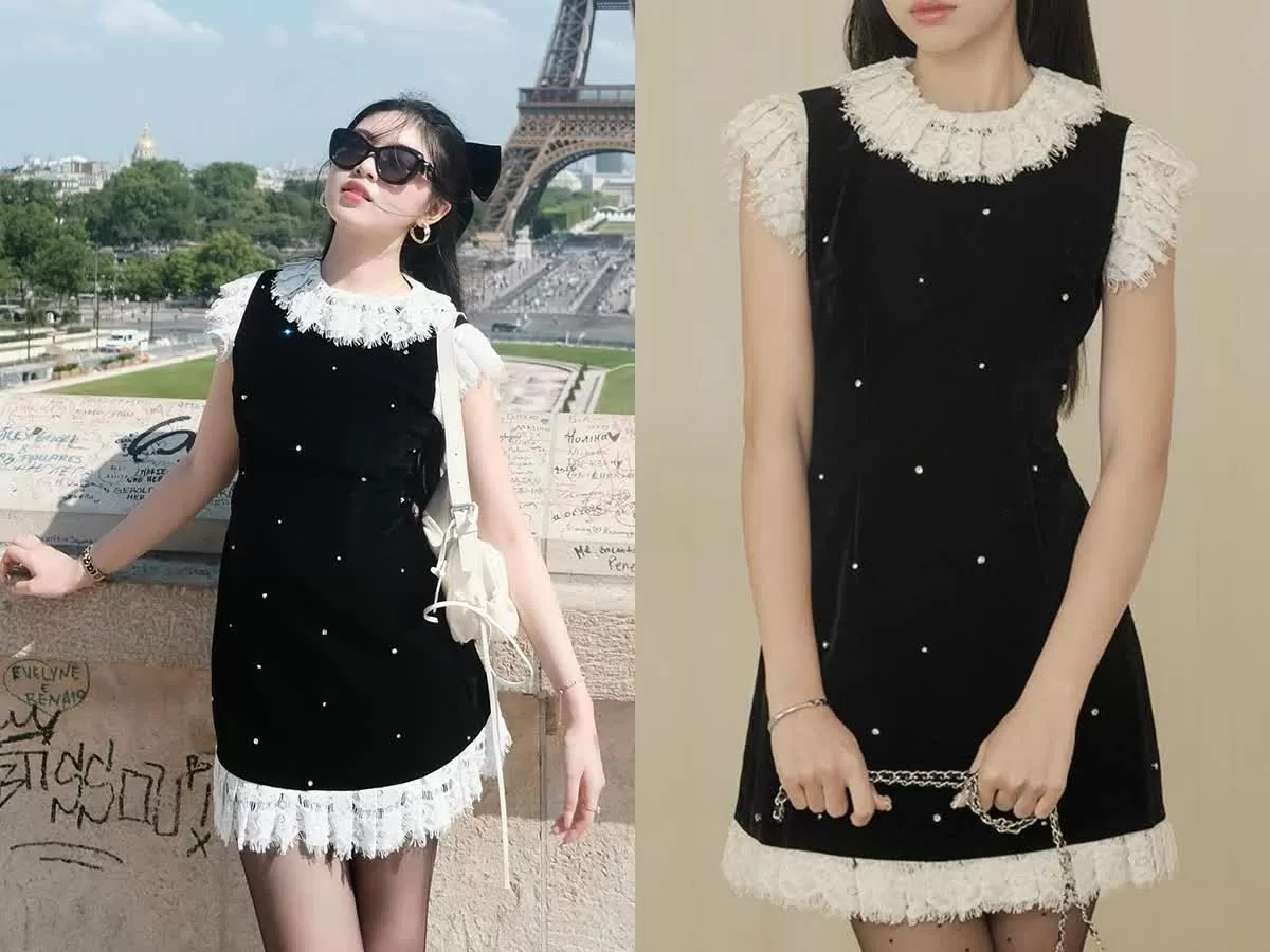 Chiếc đầm mà Lọ Lem đến từ một local brand Việt Nam, có giá bán 589.000 đồng. Đầm đính kết lấp lánh trên nền vải nhung, kết hợp viền ren để tăng vẻ nữ tính.