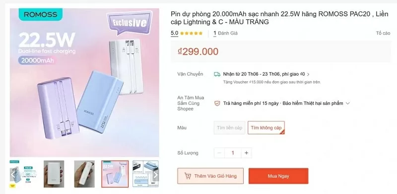 Loại pin dự phòng Romoss đang bị thu hồi được bán tại Việt Nam trên các sàn thương mại điện tử