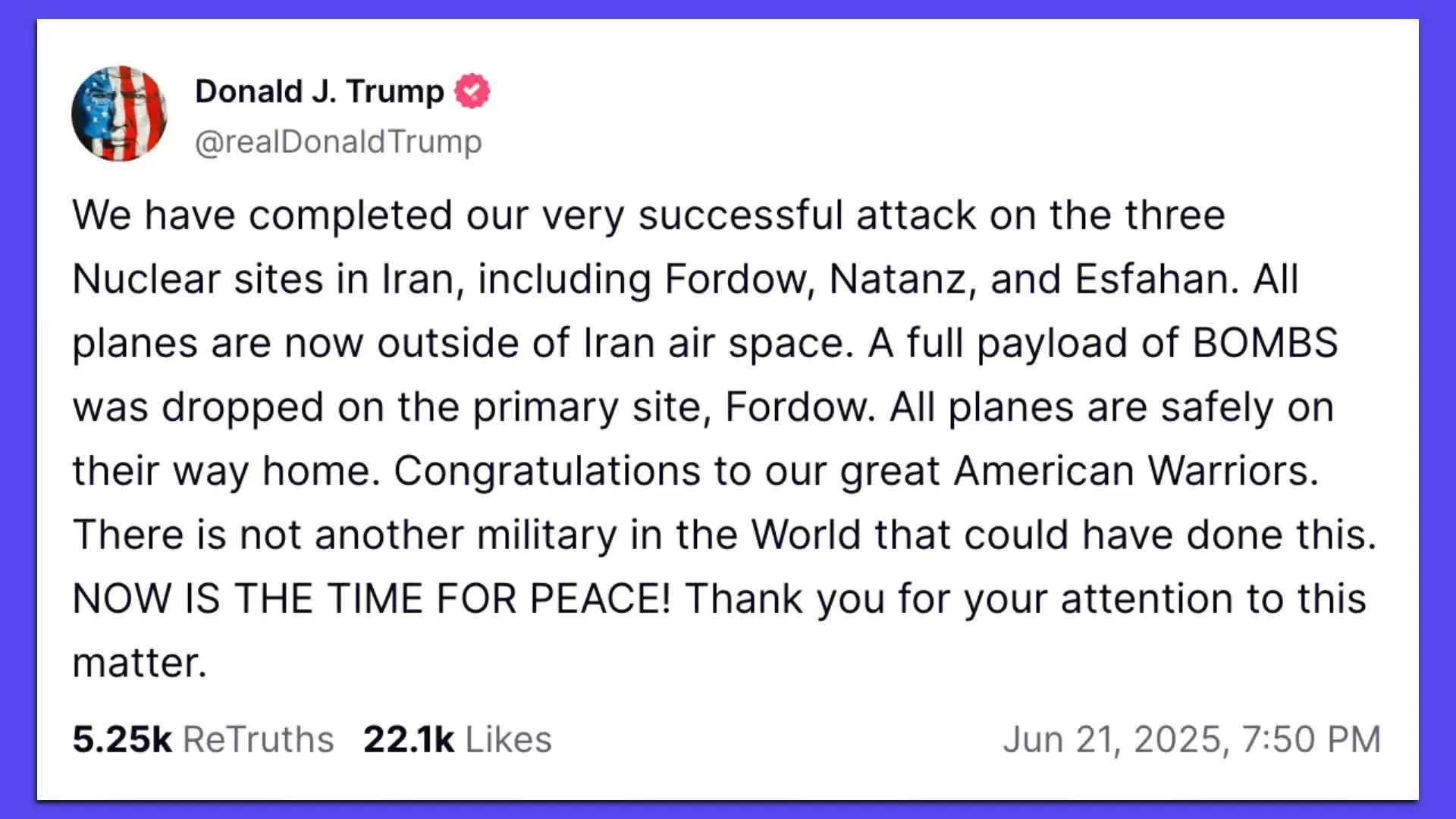 Chiến dịch quân sự ‘thành công ngoạn mục’, ông Trump tuyên bố Mỹ ‘xóa sổ’ các cơ sở hạt nhân quan trọng của Iran Mỹ tấn công Iran: Tổng thống Trump tuyên bố khả năng tiếp tục xóa sổ các mục tiêu nếu đàm phán hòa bình không nhanh chóng