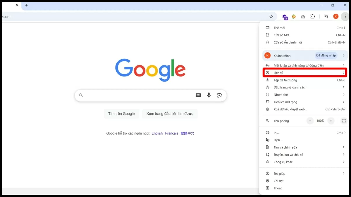 Chọn mục Lịch sử (hoặc History).