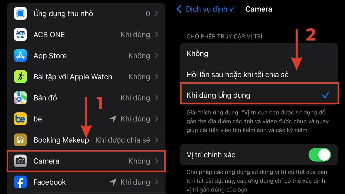 họn Khi dùng ứng dụng để cho phép gắn vị trí khi sử dụng máy ảnh..
