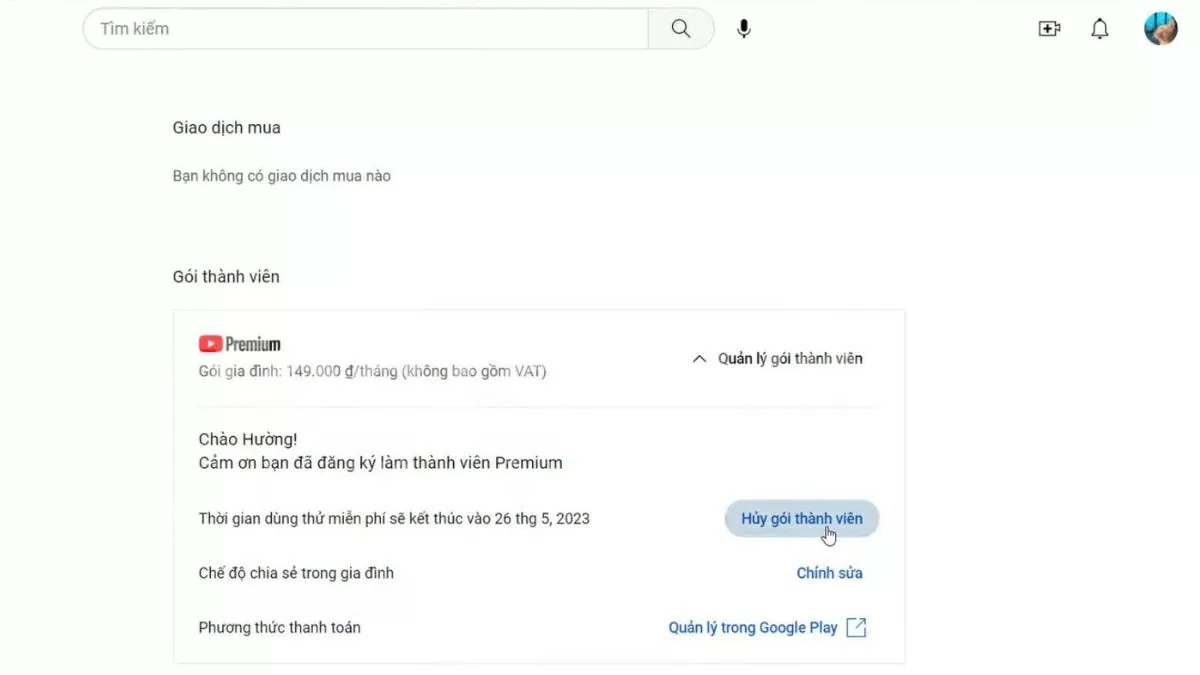 Chọn “Hủy gói thành viên”. Chọn “Hủy gói thành viên”.