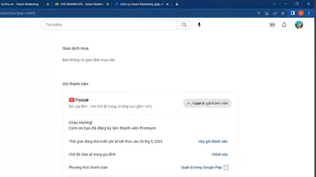 Nhấn “Quản lý gói thành viên”. Nhấn “Quản lý gói thành viên”.