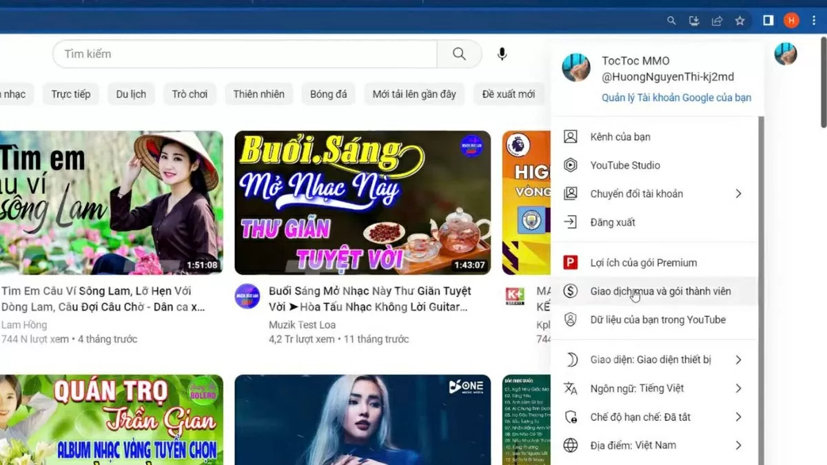 Chọn “Giao dịch mua và gói thành viên”. Chọn “Giao dịch mua và gói thành viên”.
