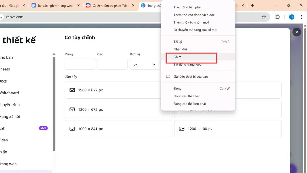 Ghim tab trực tiếp trên trình duyệt Chrome.