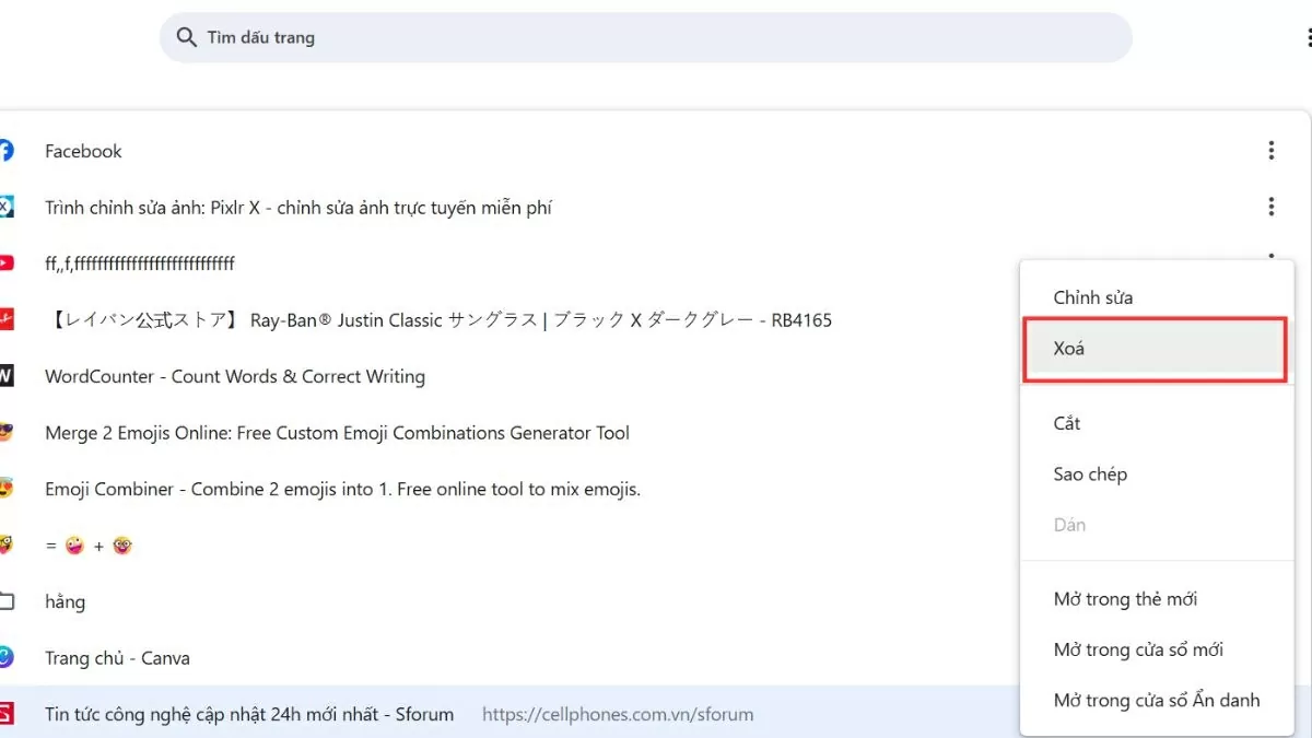 Chọn “Xóa” (Delete) để loại bỏ trang web đó khỏi thanh Bookmark vĩnh viễn.
