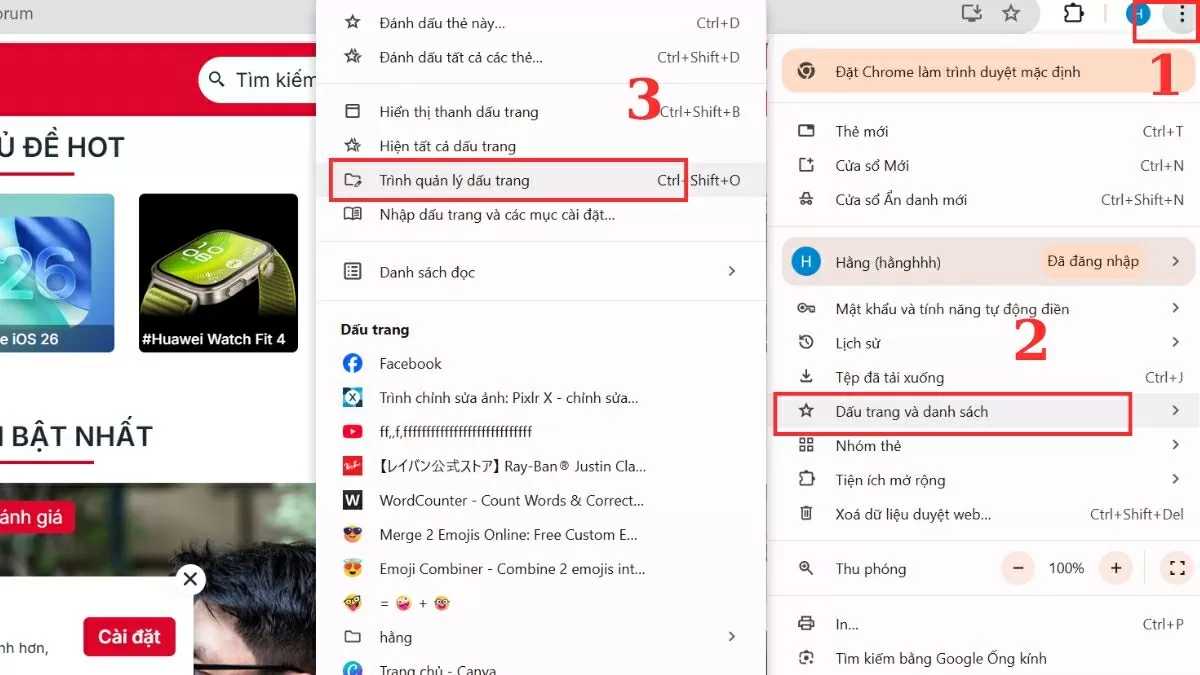 Chọn mục “Dấu trang”. Chọn mục “Dấu trang”.