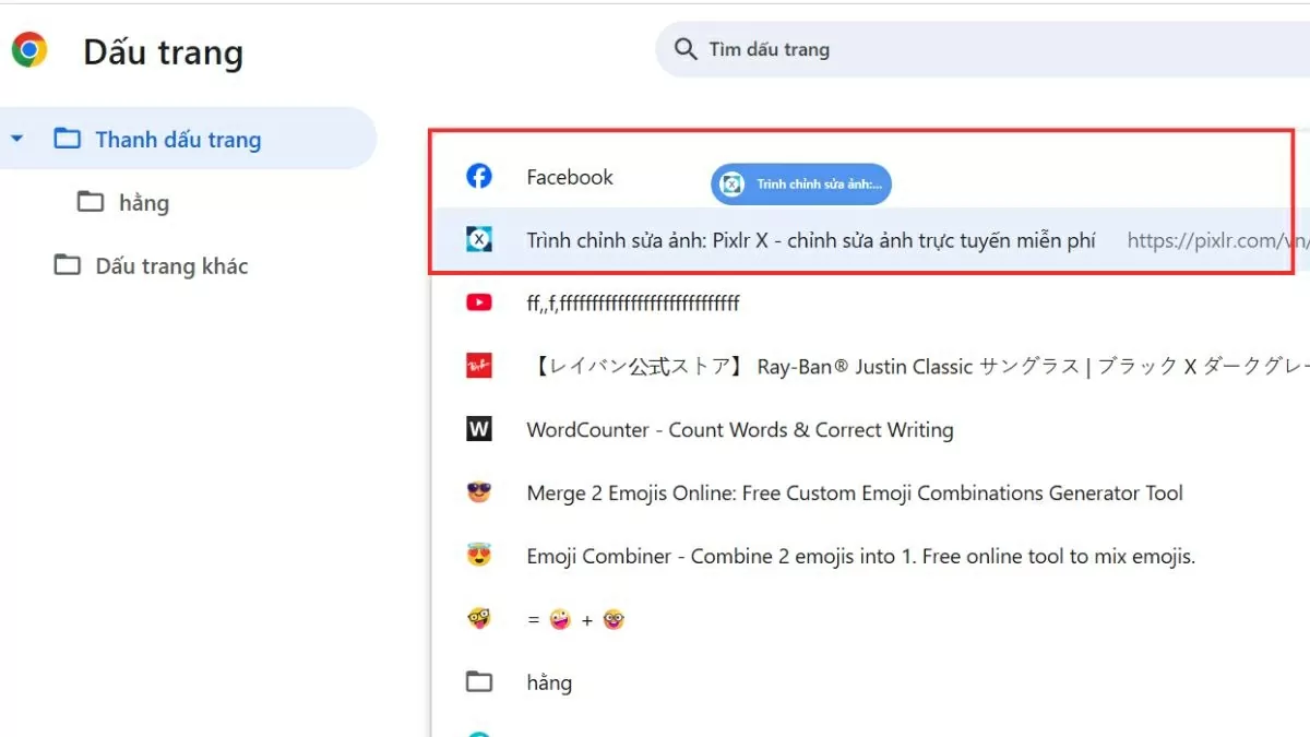 Nhấn giữ dấu trang cần di chuyển rồi kéo thả.