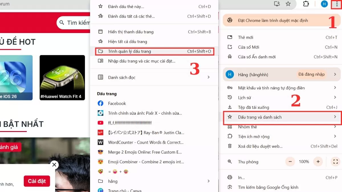 Chọn “Dấu trang”, sau đó bấm vào “Trình quản lý dấu trang”.