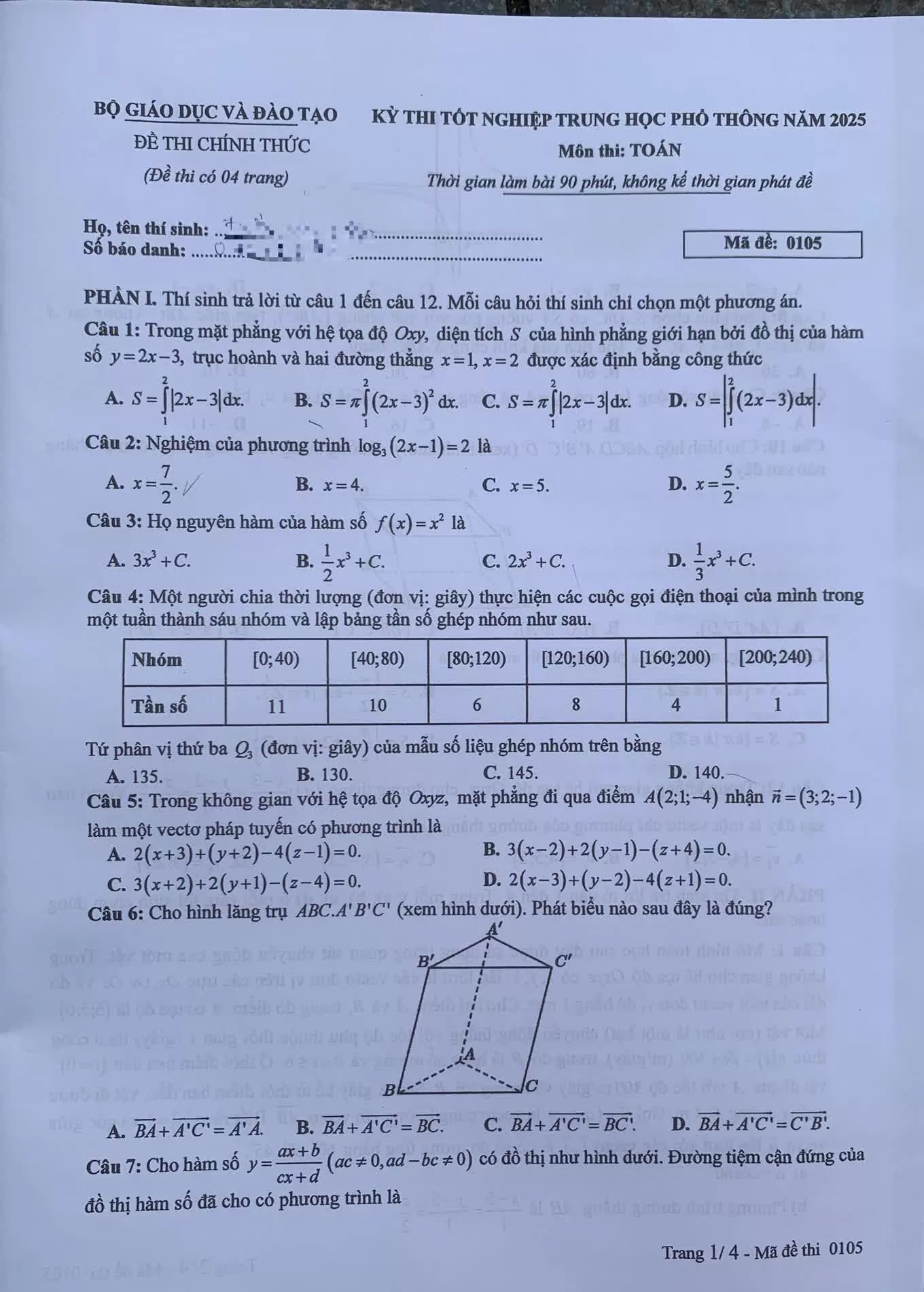 Kỳ thi tốt nghiệp THPT 2025: Đề thi môn Toán chính thức Kỳ thi tốt nghiệp THPT 2025: Đề thi môn Toán chính thức
