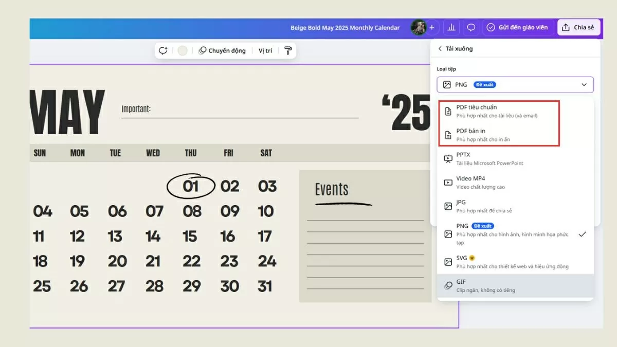 Chọn định dạng file PDF phù hợp.