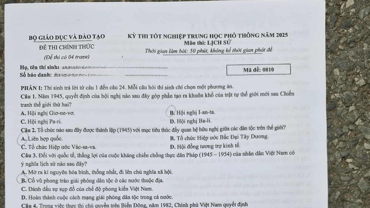 Đề thi môn Lịch sử tốt nghiệp THPT 2025 chính thức