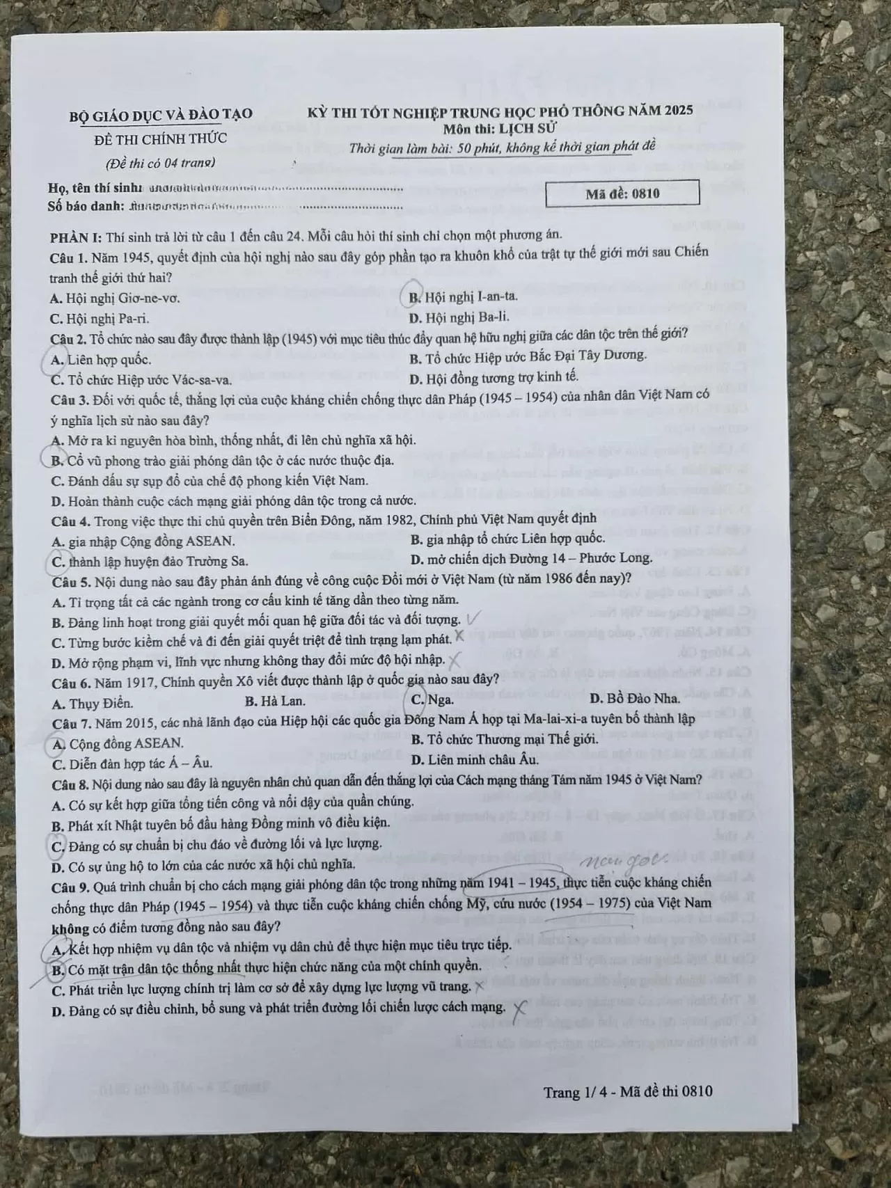 Đề thi và đáp án tham khảo môn Lịch sử tốt nghiệp THPT 2025 chính thức
