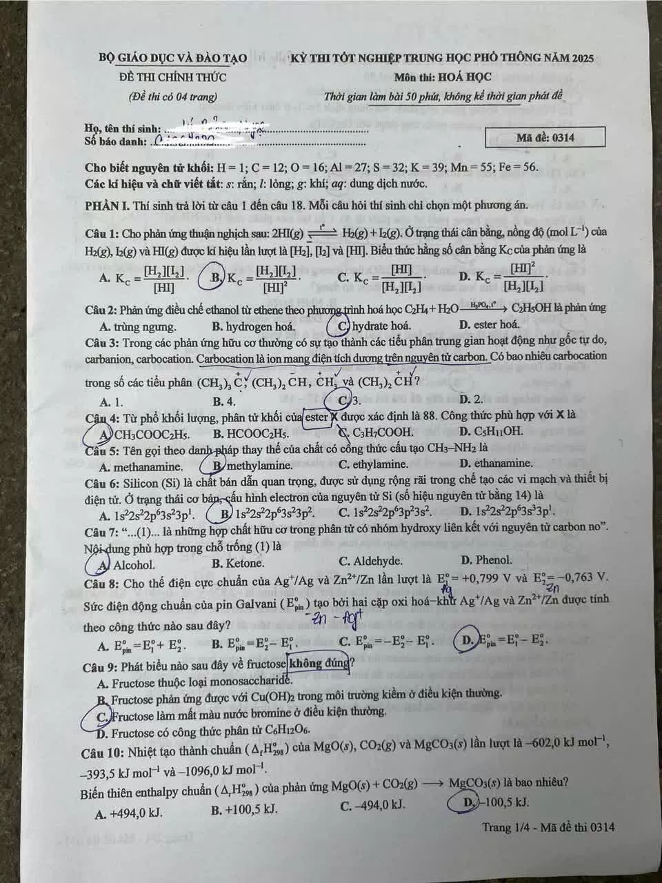 Đề thi môn Hóa học tốt nghiệp THPT 2025