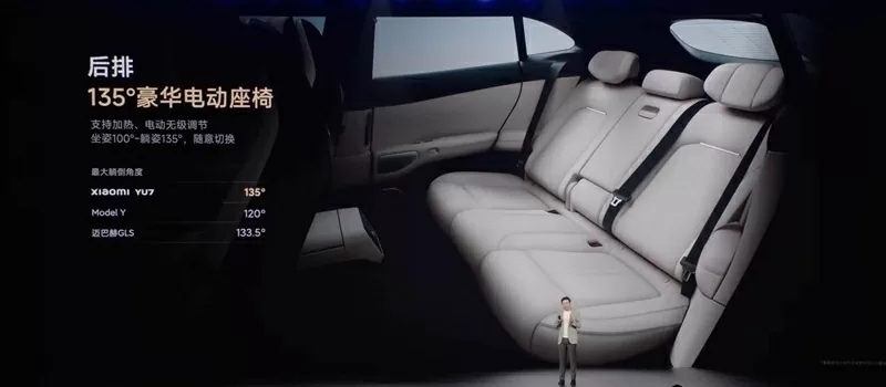 Hàng ghế sau của Xiaomi YU7 có thể ngả 135 độ Hàng ghế sau của Xiaomi YU7 có thể ngả 135 độ