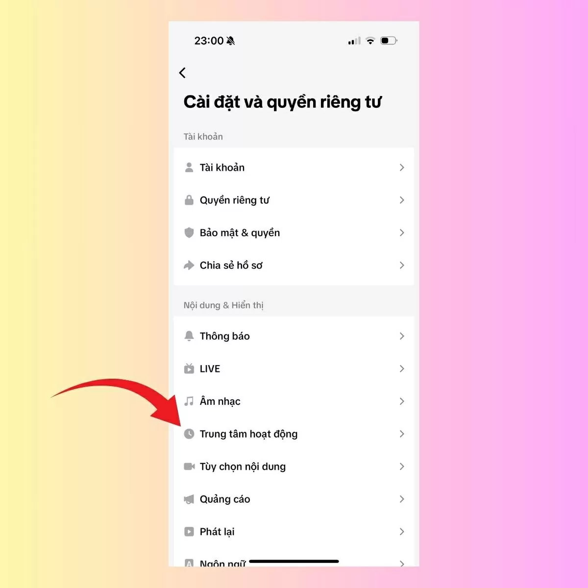 Tìm và nhấn vào mục Trung tâm hoạt động.
