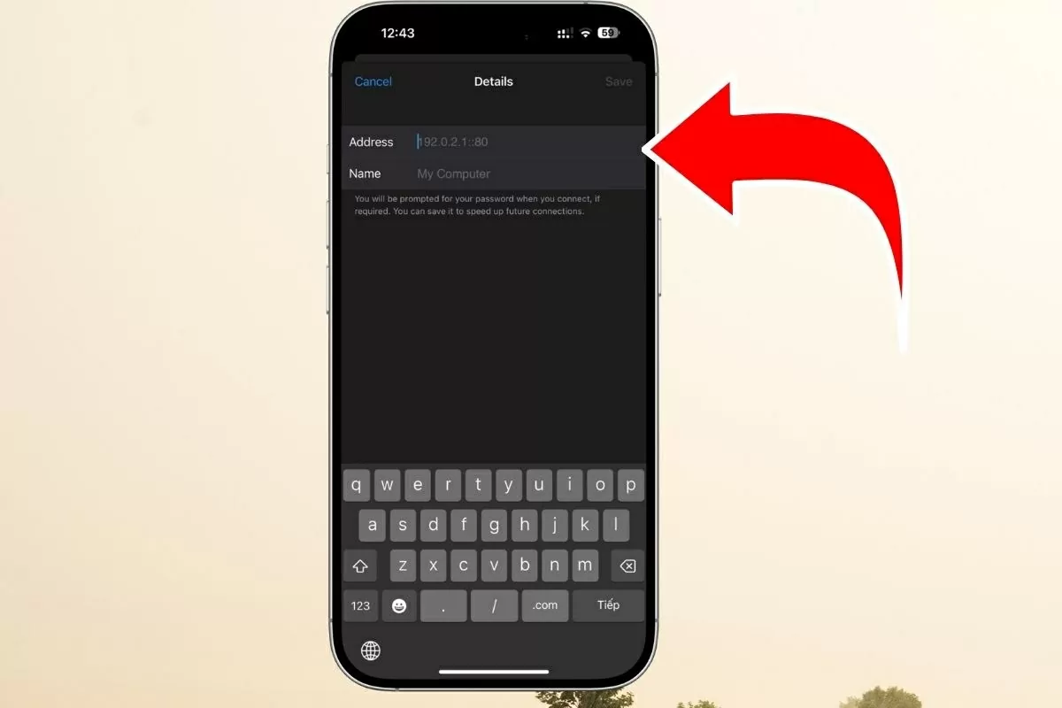 Nhập địa chỉ IP hoặc hostname của MacBook vào ô Address. Nhập địa chỉ IP hoặc hostname của MacBook vào ô Address.