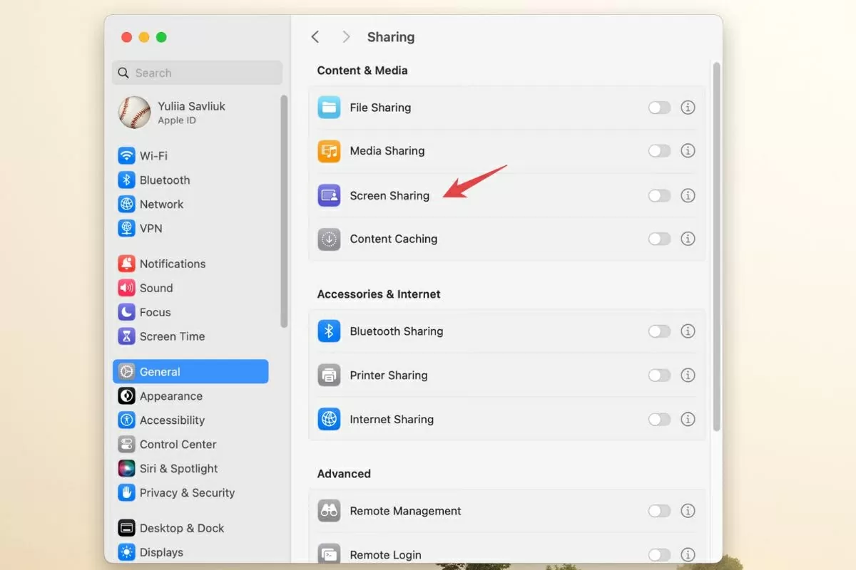 Bật mục Screen Sharing.
