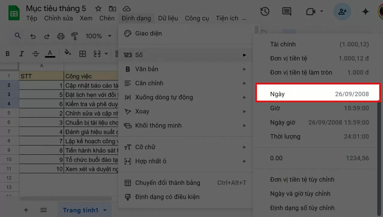 Cuộn xuống và tìm đến mục “Ngày” (Date).