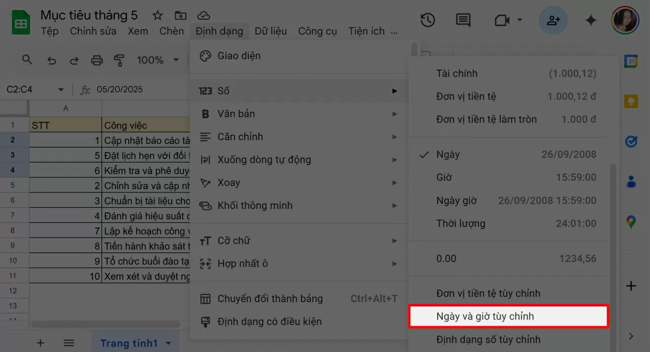 Chọn Định dạng ngày và giờ.