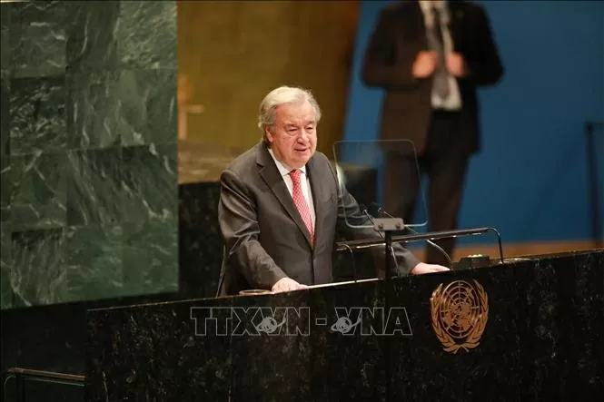 Tổng Thư ký Liên hợp quốc Antonio Guterres phát biểu tại sự kiện của Đại hội đồng kỷ niệm 80 năm ngày ký Hiến chương Liên hợp quốc, ngày 26/6. (Nguồn: TTXVN) Tổng Thư ký Liên hợp quốc Antonio Guterres phát biểu tại sự kiện của Đại hội đồng kỷ niệm 80 năm ngày ký Hiến chương Liên hợp quốc, ngày 26/6. (Nguồn: TTXVN)