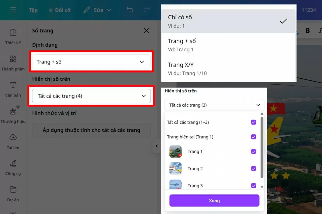 Chọn định dạng số trang phù hợp như: 1, 2, 3...