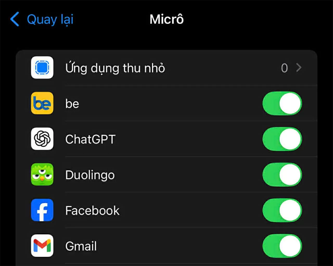 Chọn ứng dụng cần thiết và kích hoạt quyền sử dụng micro . Chọn ứng dụng cần thiết và kích hoạt quyền sử dụng micro .