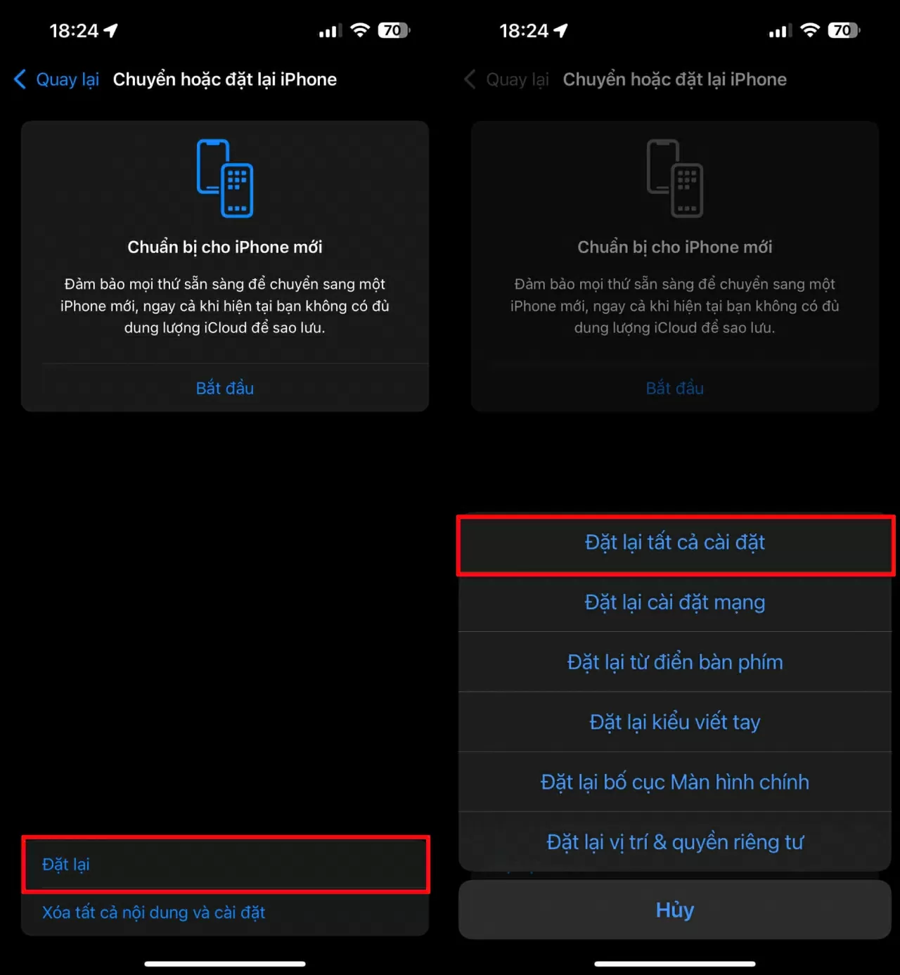 Chọn Đặt lại > Nhấn Đặt lại tất cả cài đặt và xác nhận.. Chọn Đặt lại > Nhấn Đặt lại tất cả cài đặt và xác nhận..