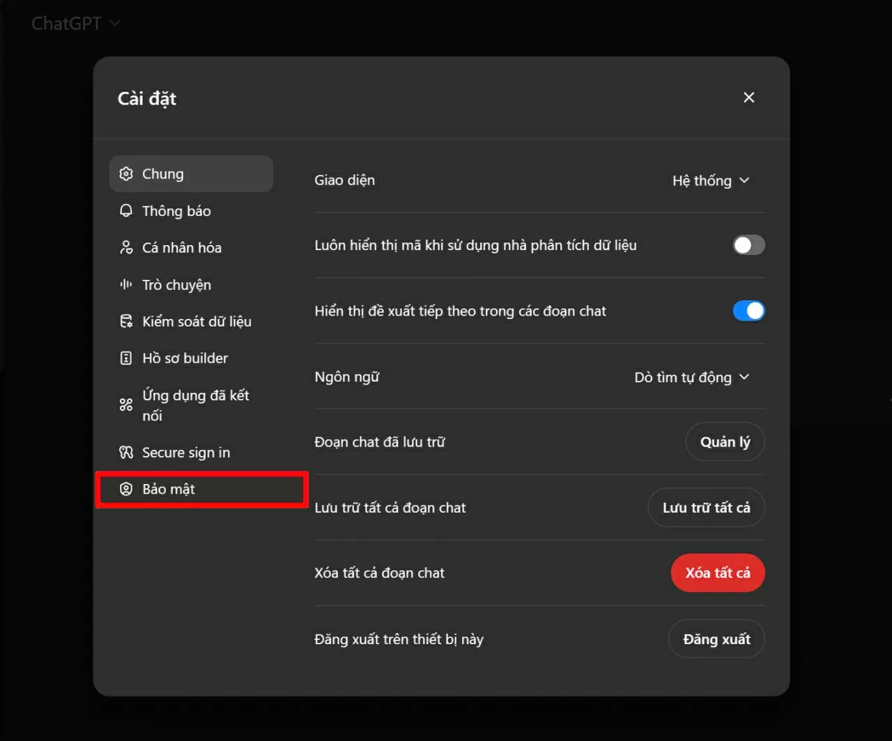 Nhấp vào mục Security (Bảo mật).
