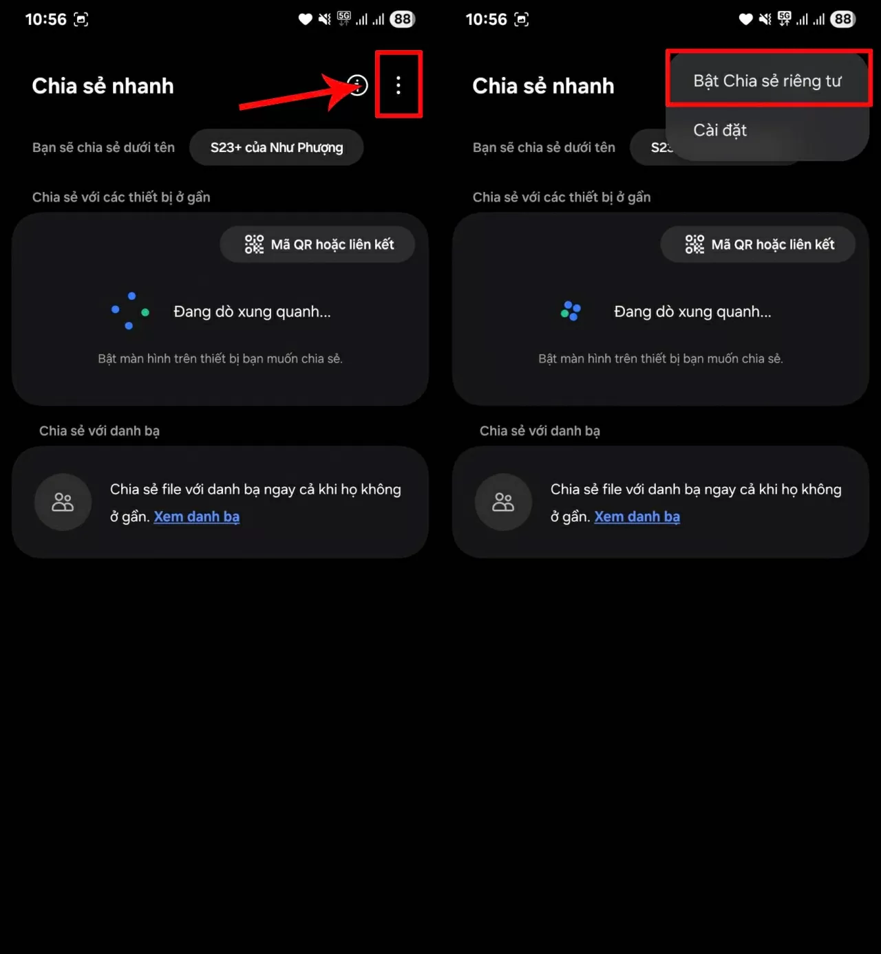 Chọn biểu tượng ba chấm góc phải > Nhấn Bật chia sẻ riêng tư.